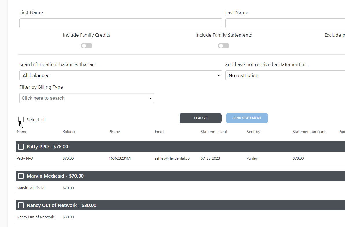 screenshot of send statements in bulk in flex dental platform
