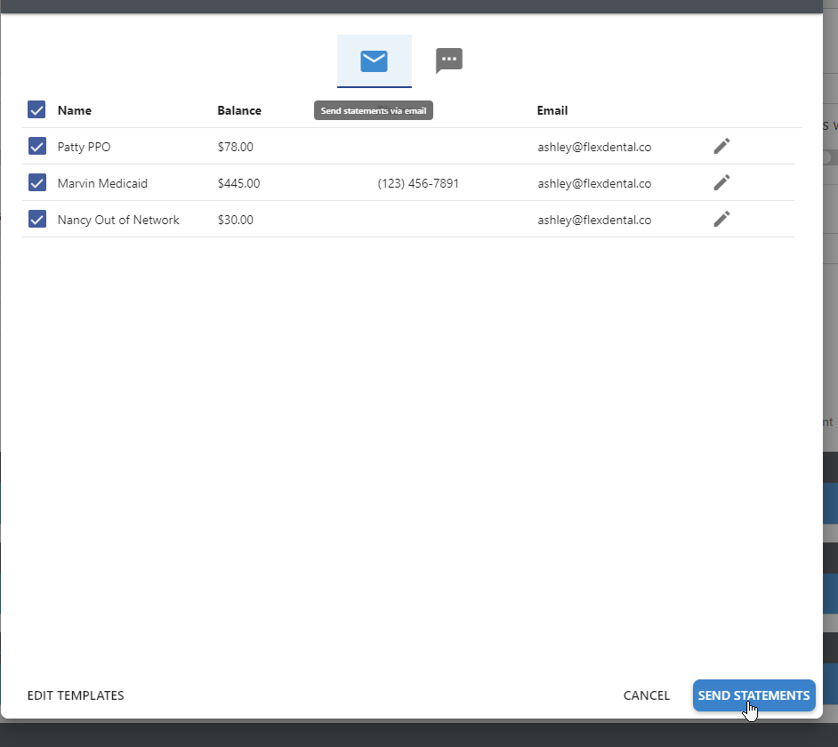 screenshot of send statements in bulk in flex dental platform