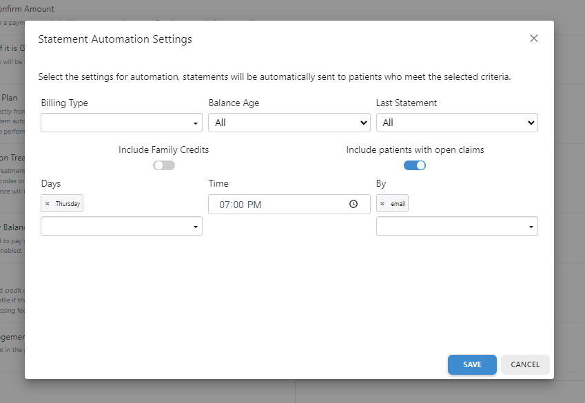 statement automation settings in flex dental platform
