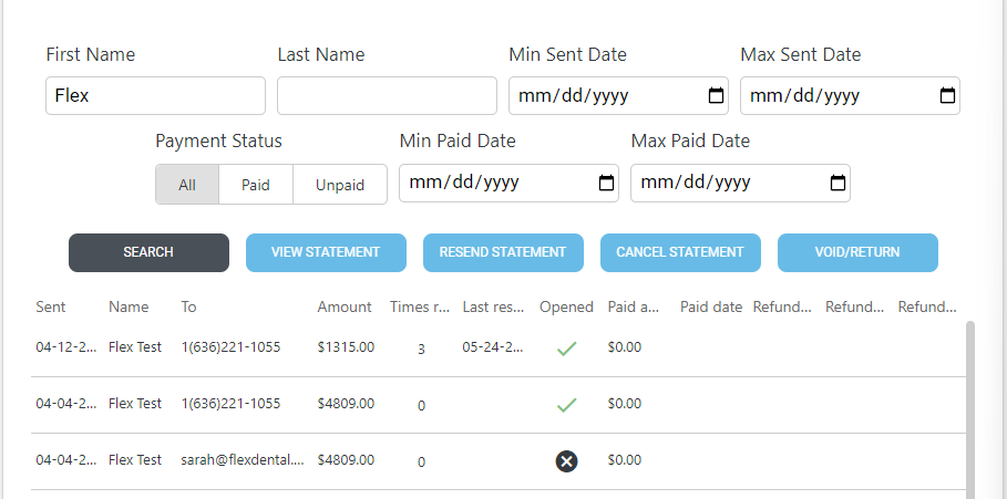 screenshot of statement in flex dental platform