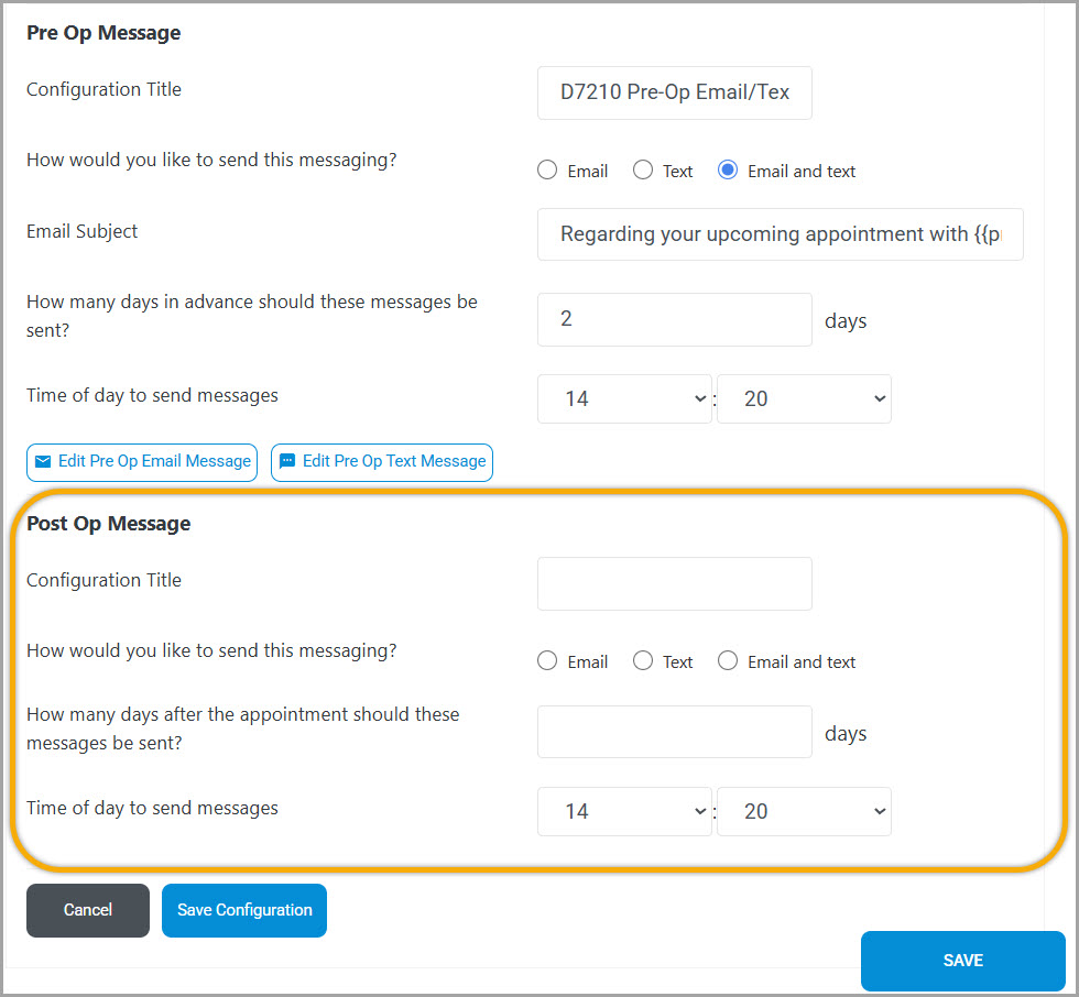 screenshot of pre and post op messasging in cloud dentistry platform