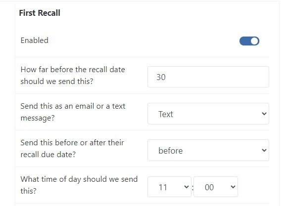 First Recall setting screen
