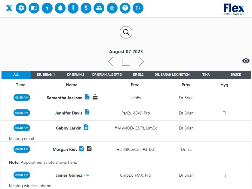 Flex dental interface with appointments and scheduling