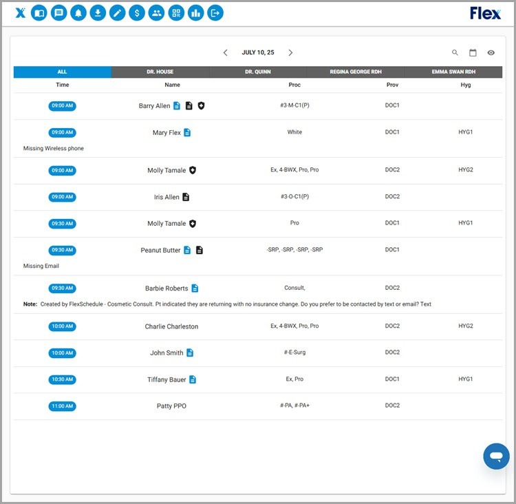 Flex dental schedule view in software