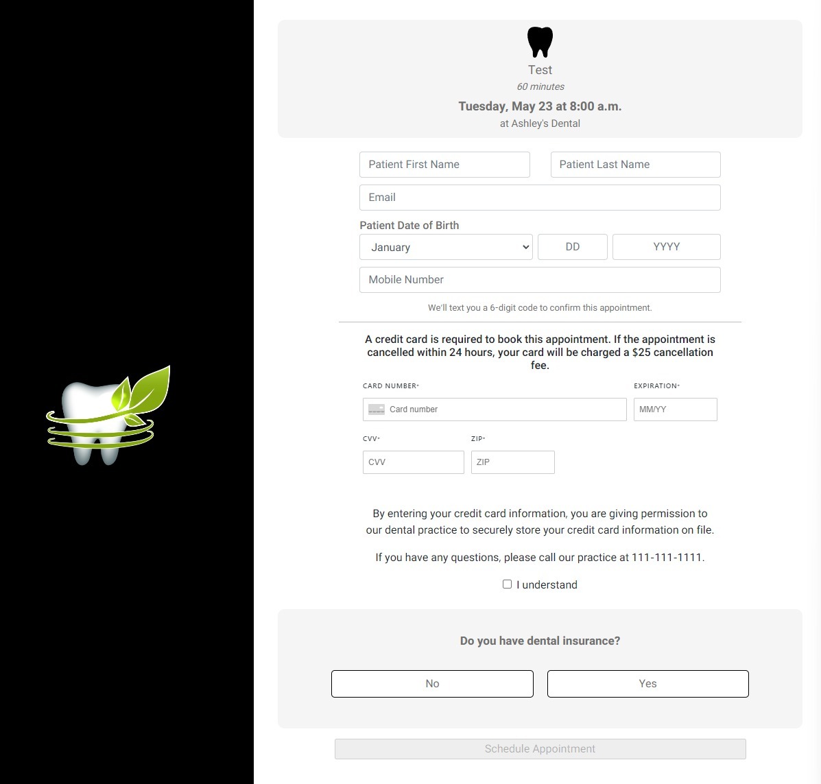 Patient booking page with input fields and insurance questions